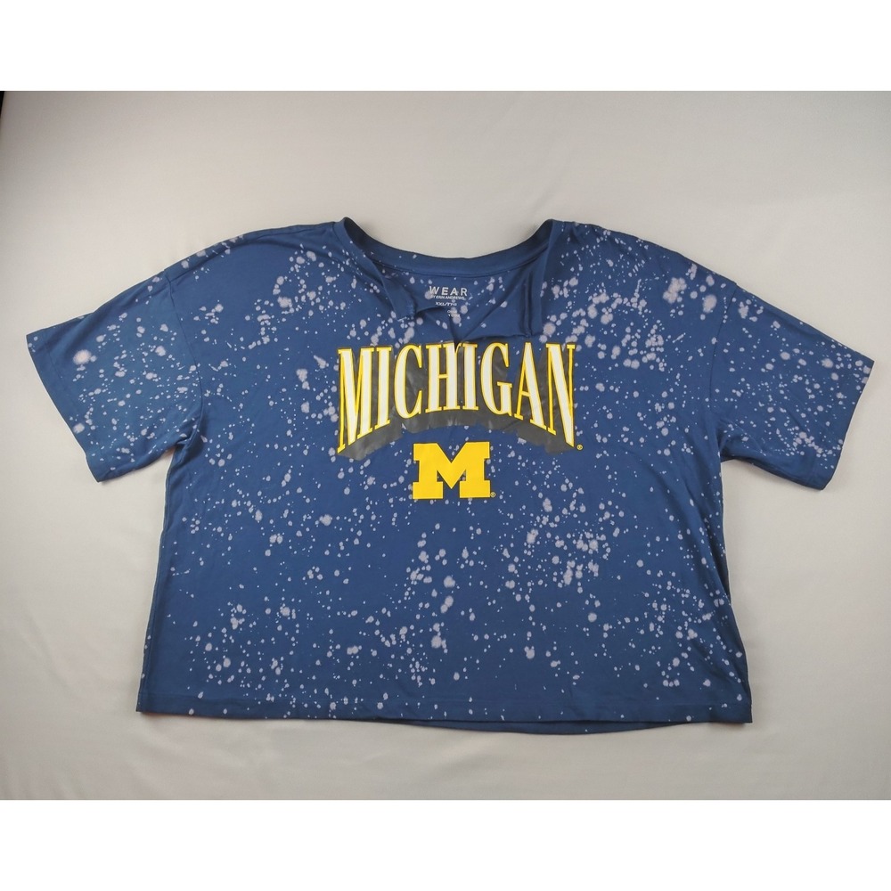 Women's WEAR Erin Andrews XXL Crop Top Navy Michigan Wolverines Bleach Splatter